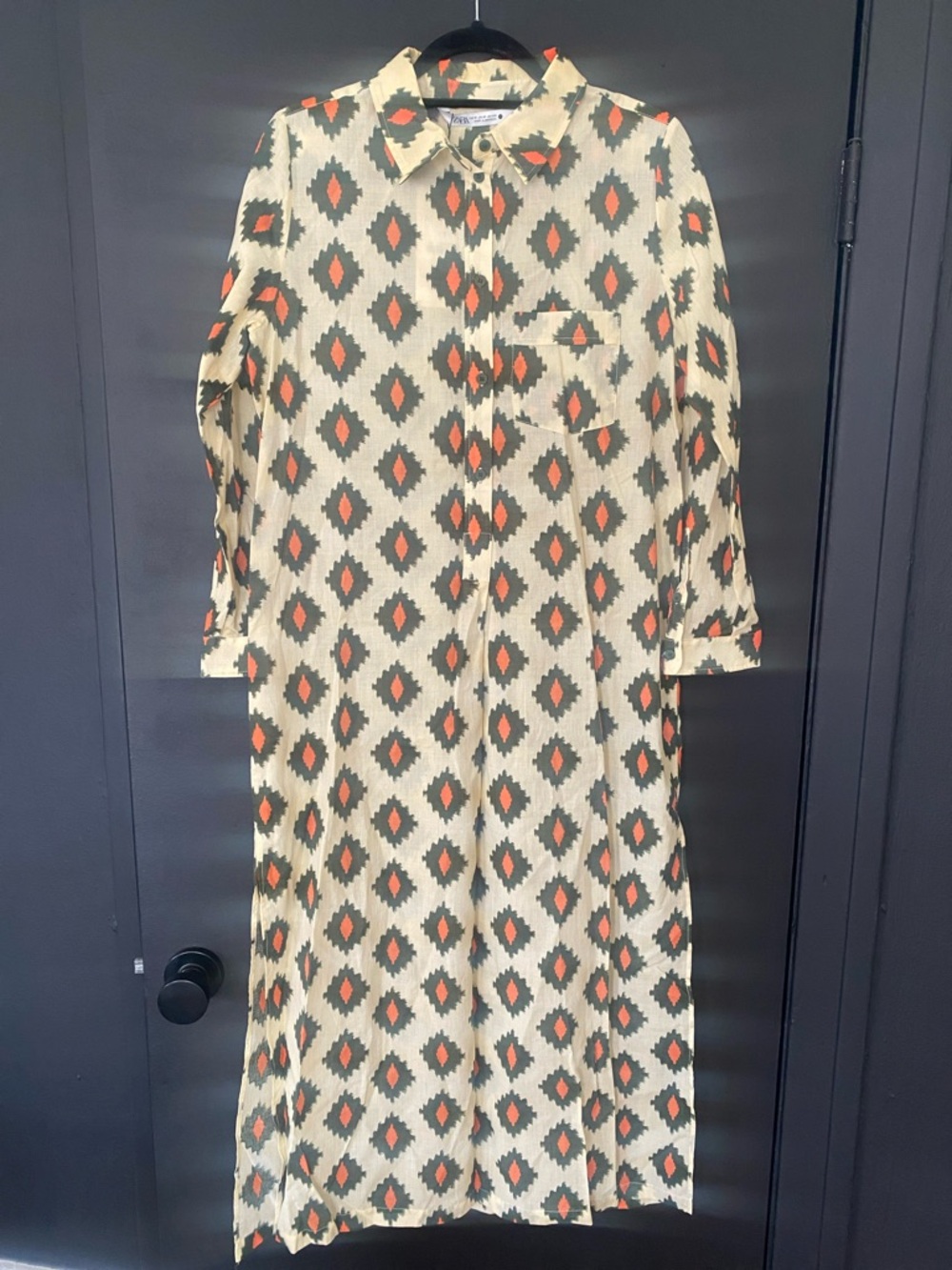 Zara Cream Maxi Shirt Dress with Orange and Gray Geometric Print